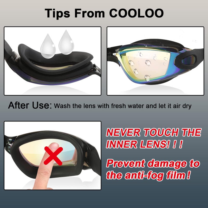 COOLOO نظارات سباحة COOLOO للرجال، عبوة 2 نظارات سباحة للنساء والأطفال والبالغين مضادة للضباب، أسود وأزرق بحري - Image 5